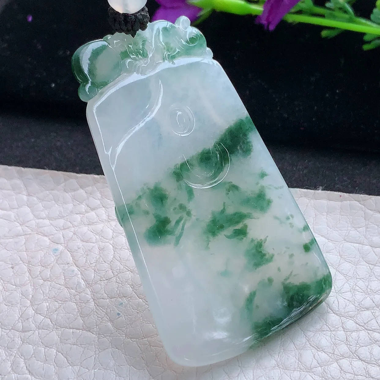 yl实拍63.5*36*5.2缅甸翡翠精雕冰飘花普贤观音菩萨吊坠 生肖守护神