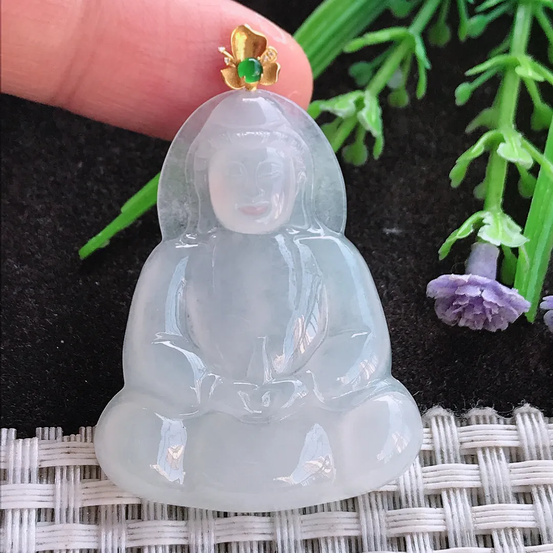 实拍A货翡翠40/31.6/4.6老坑18k金镶嵌冰胶月光白素衣观音吊坠翡翠挂件