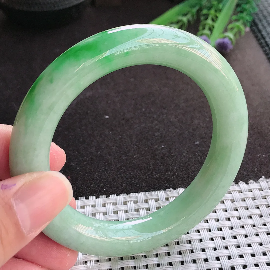 实拍翡翠A货56/11.3/11.5老坑精美温润满绿阳绿圆条手镯翡翠玉镯女款百搭