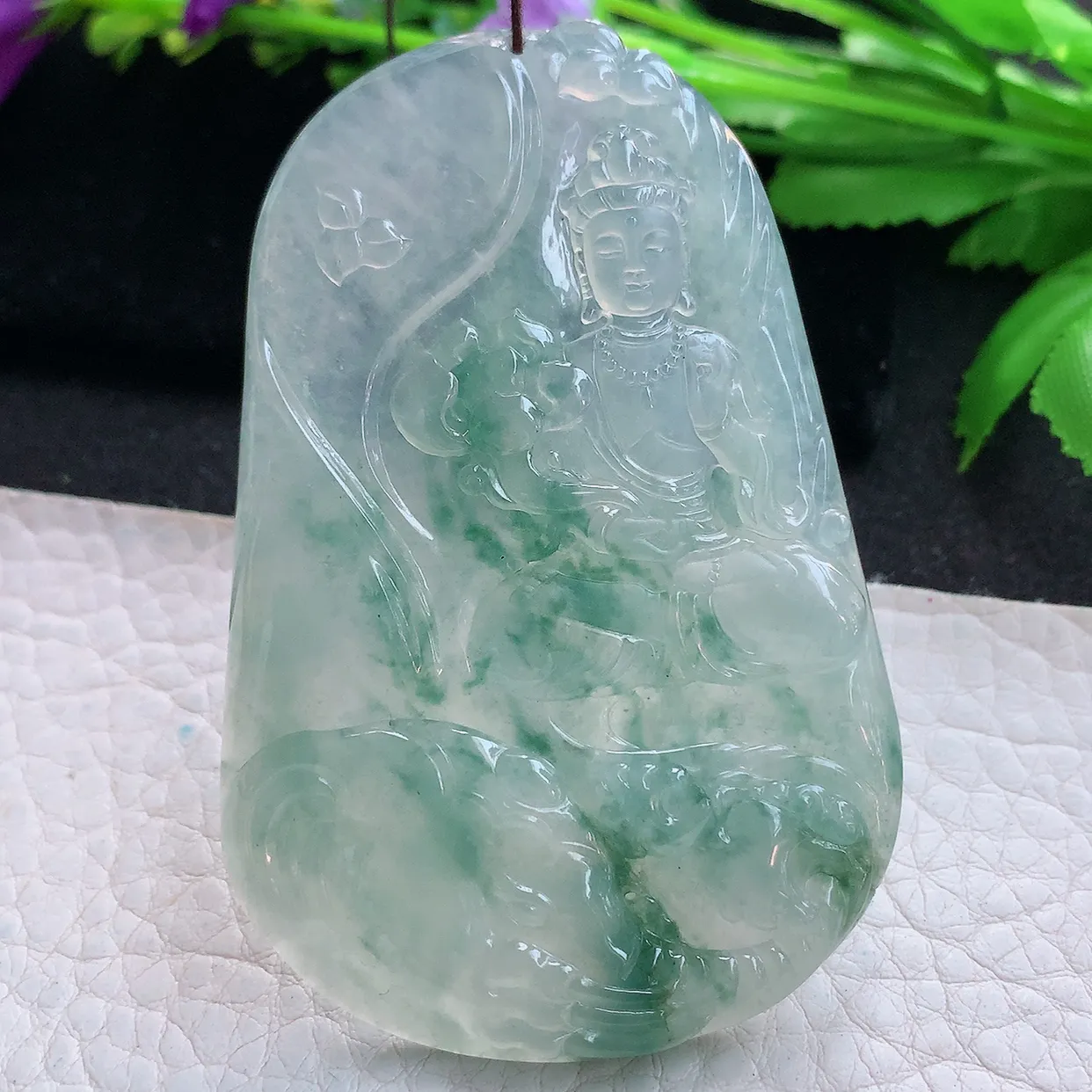 Ktj实拍70.5*46.5*5.8缅甸翡翠精雕冰飘花普贤观音菩萨吊坠 生肖守护神