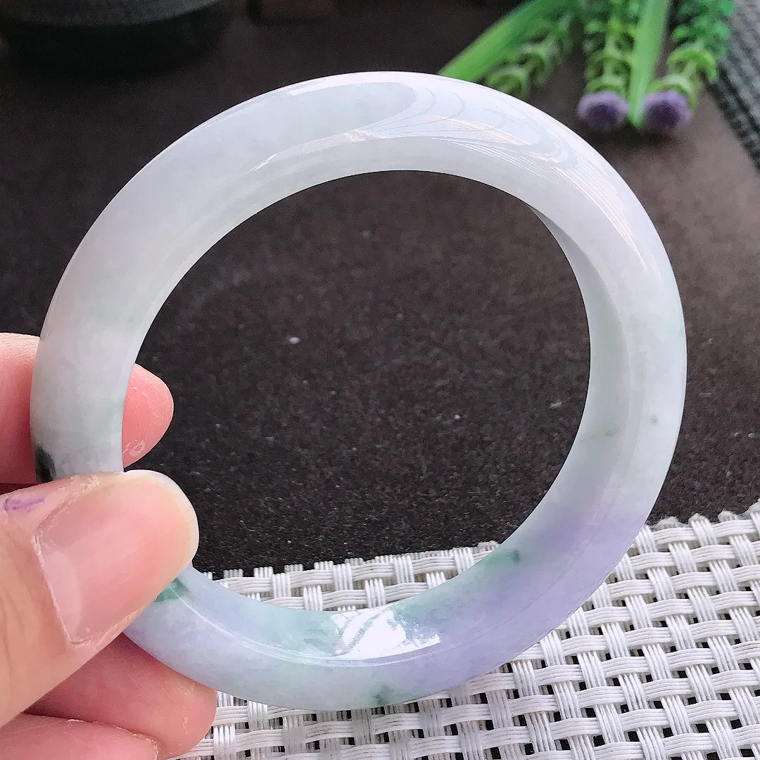 实拍翡翠A货57.5/12.5/9.2老坑精美冰润紫罗兰飘花手镯翡翠玉镯女款百搭