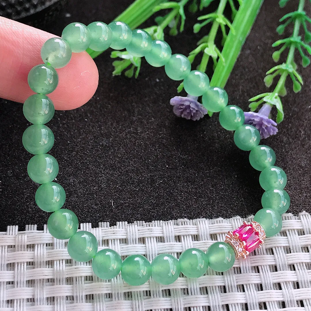 实拍A货翡翠6.5/27颗老坑冰种起胶冰晴满绿圆珠手链项链手串女款