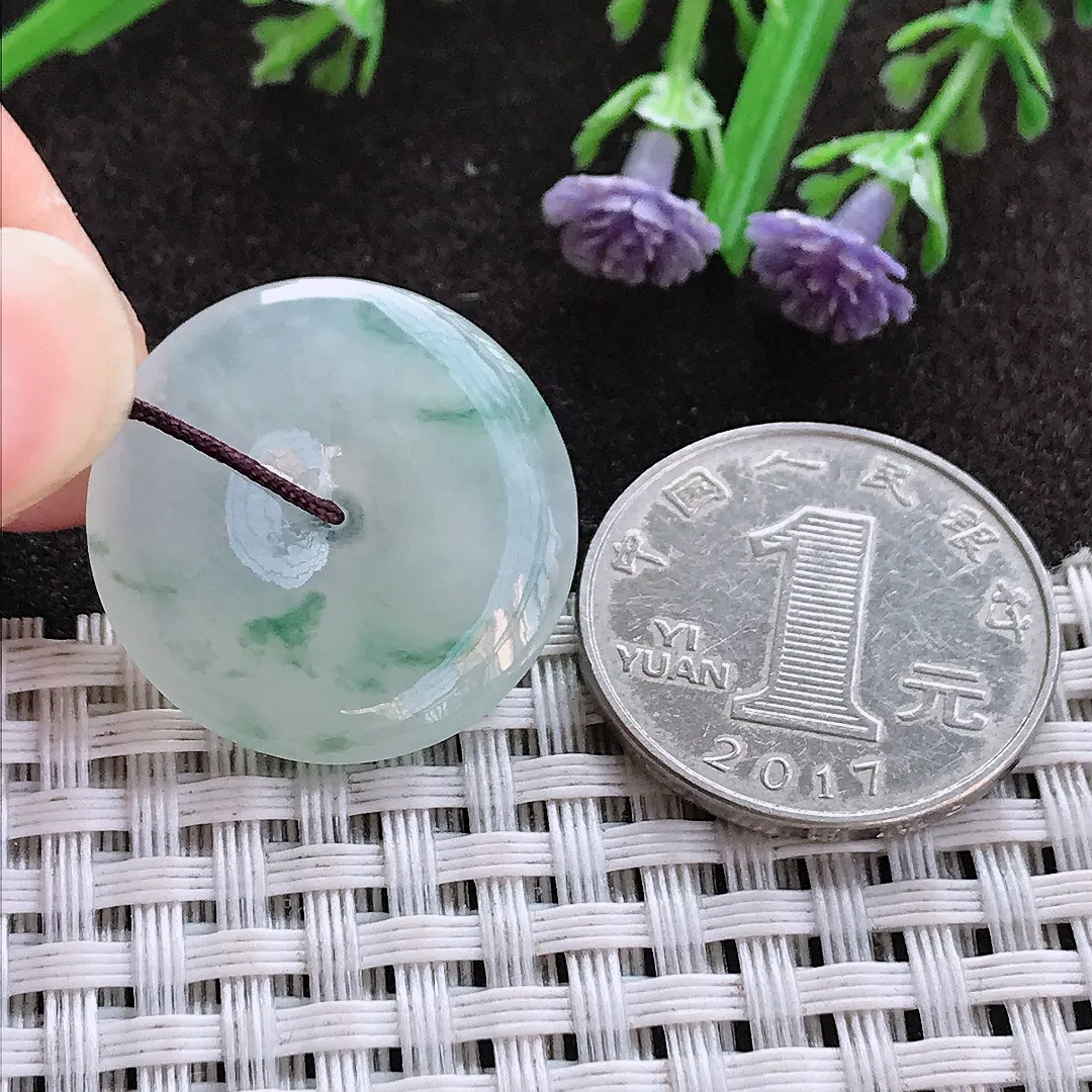 实拍A货翡翠24.7/4.1老坑冰胶水灵飘花小平安扣吊坠翡翠玉扣