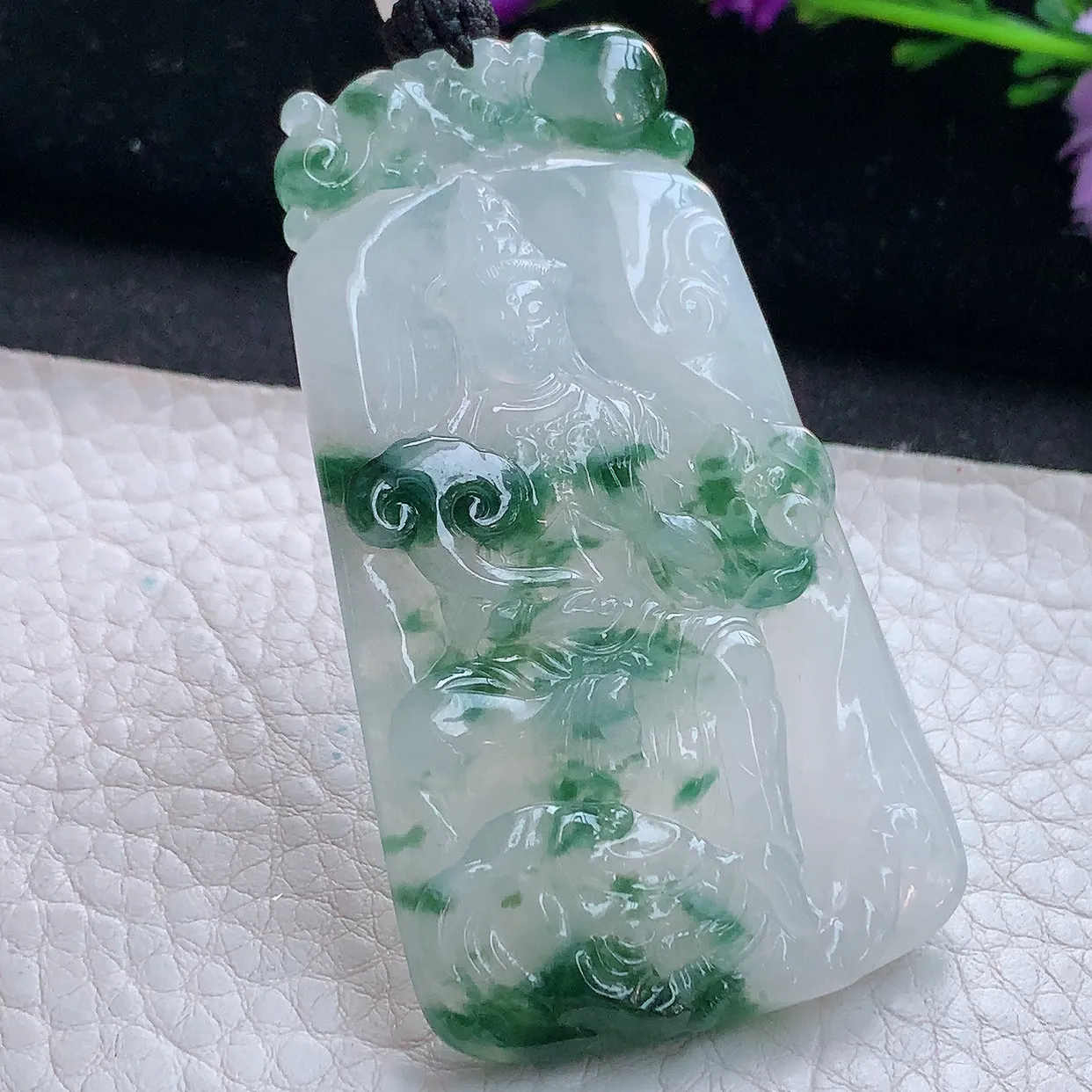 yl实拍63.5*36*5.2缅甸翡翠精雕冰飘花普贤观音菩萨吊坠 生肖守护神