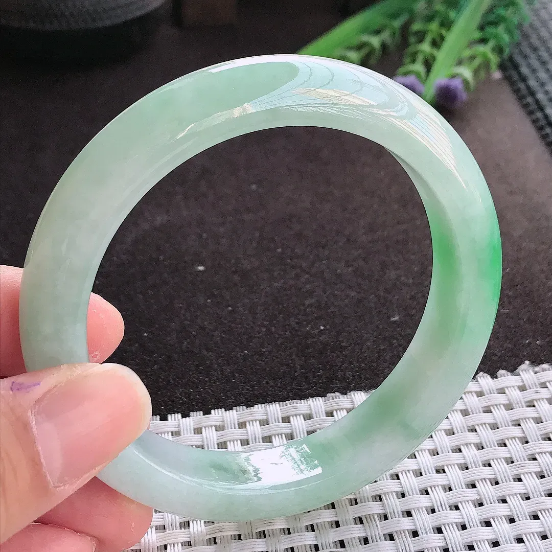 实拍翡翠A货59.5/12.9/9老坑冰润起胶飘阳绿手镯翡翠玉镯女款百搭
