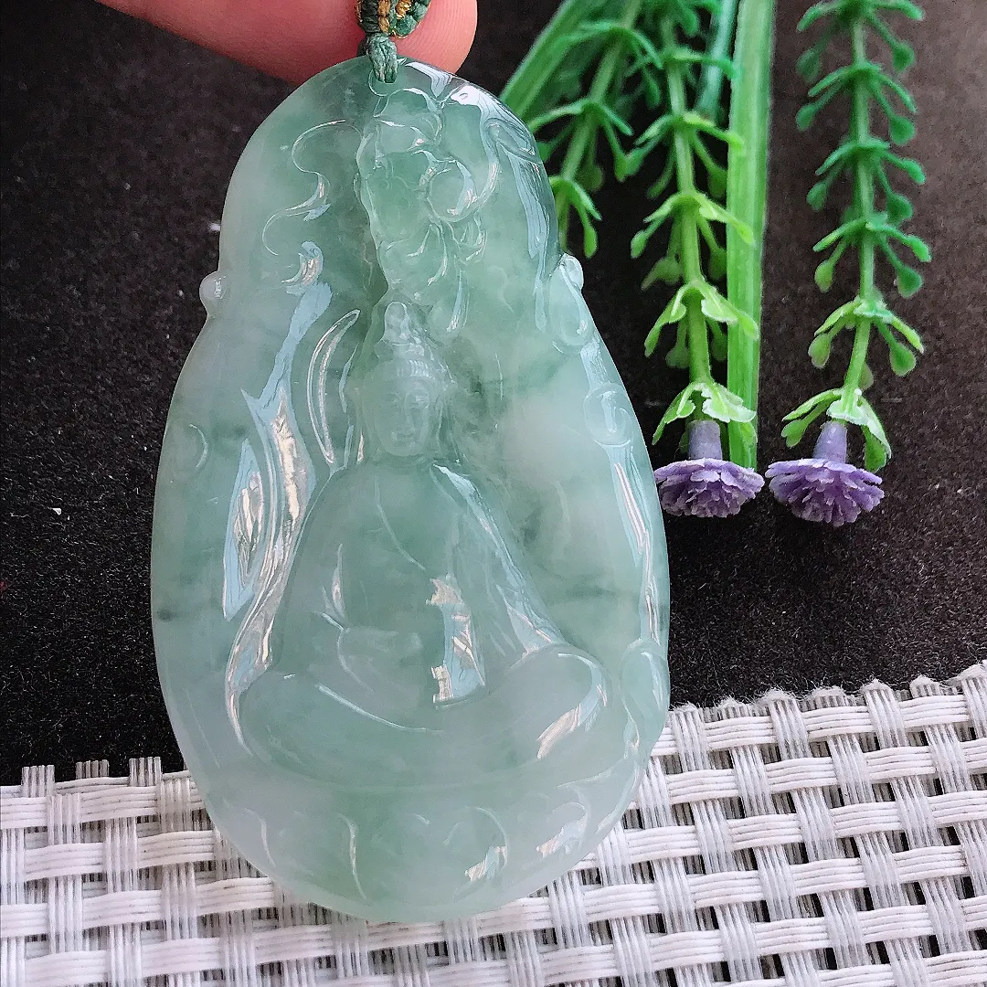 实拍A货翡翠64/39/5.5老坑冰胶果冻冰晴素衣观音吊坠翡翠玉观音挂件