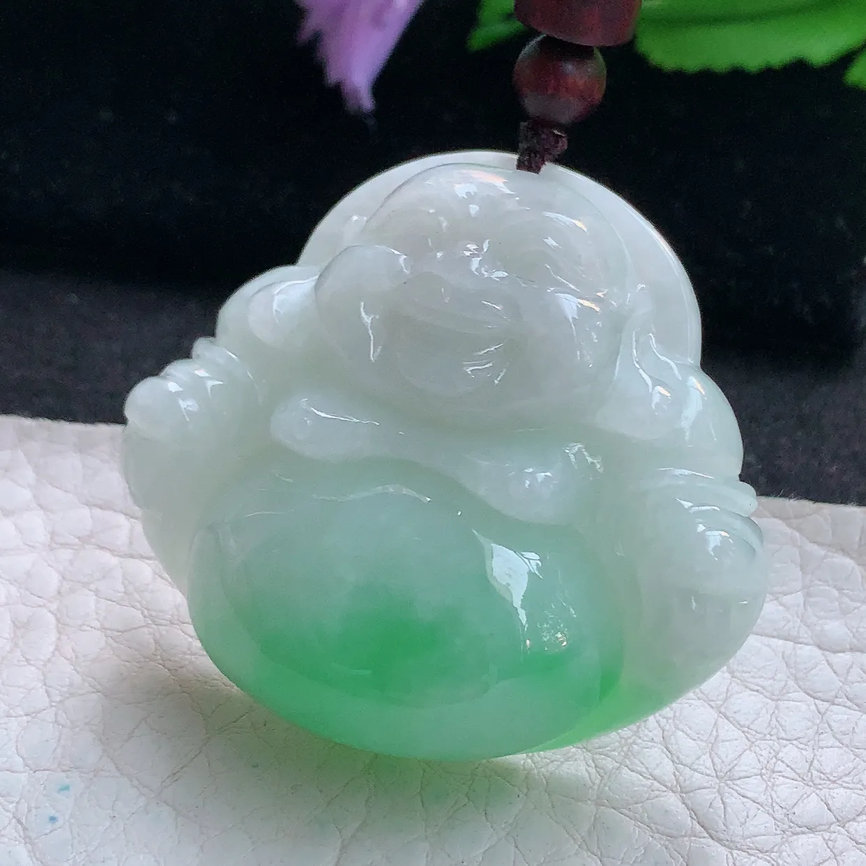 zen实拍40.5*44*13.8天然缅甸翡翠白底青飘绿佛公吊坠 大肚弥勒佛像