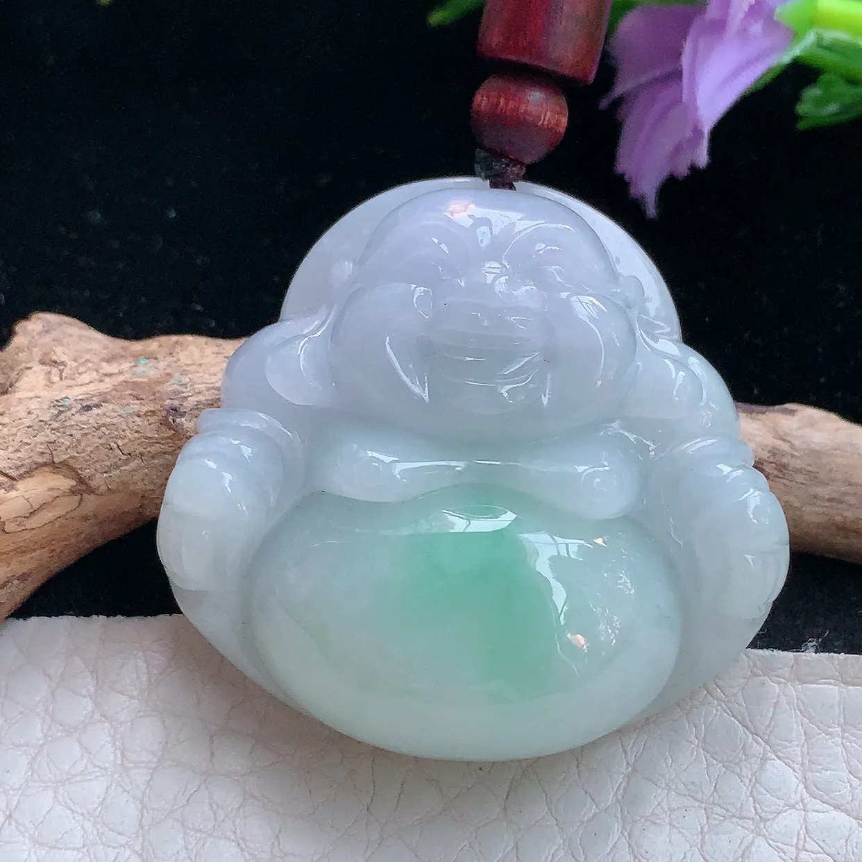 zen实拍38.2*40.3*12.8天然缅甸翡翠飘绿淡紫佛公吊坠 大肚弥勒佛像