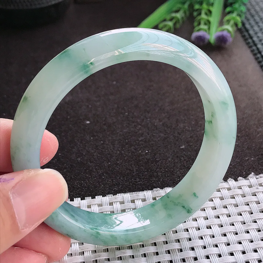 实拍翡翠A货57.5/12.8/8.2老坑冰润水灵飘花手镯翡翠玉镯女款百搭