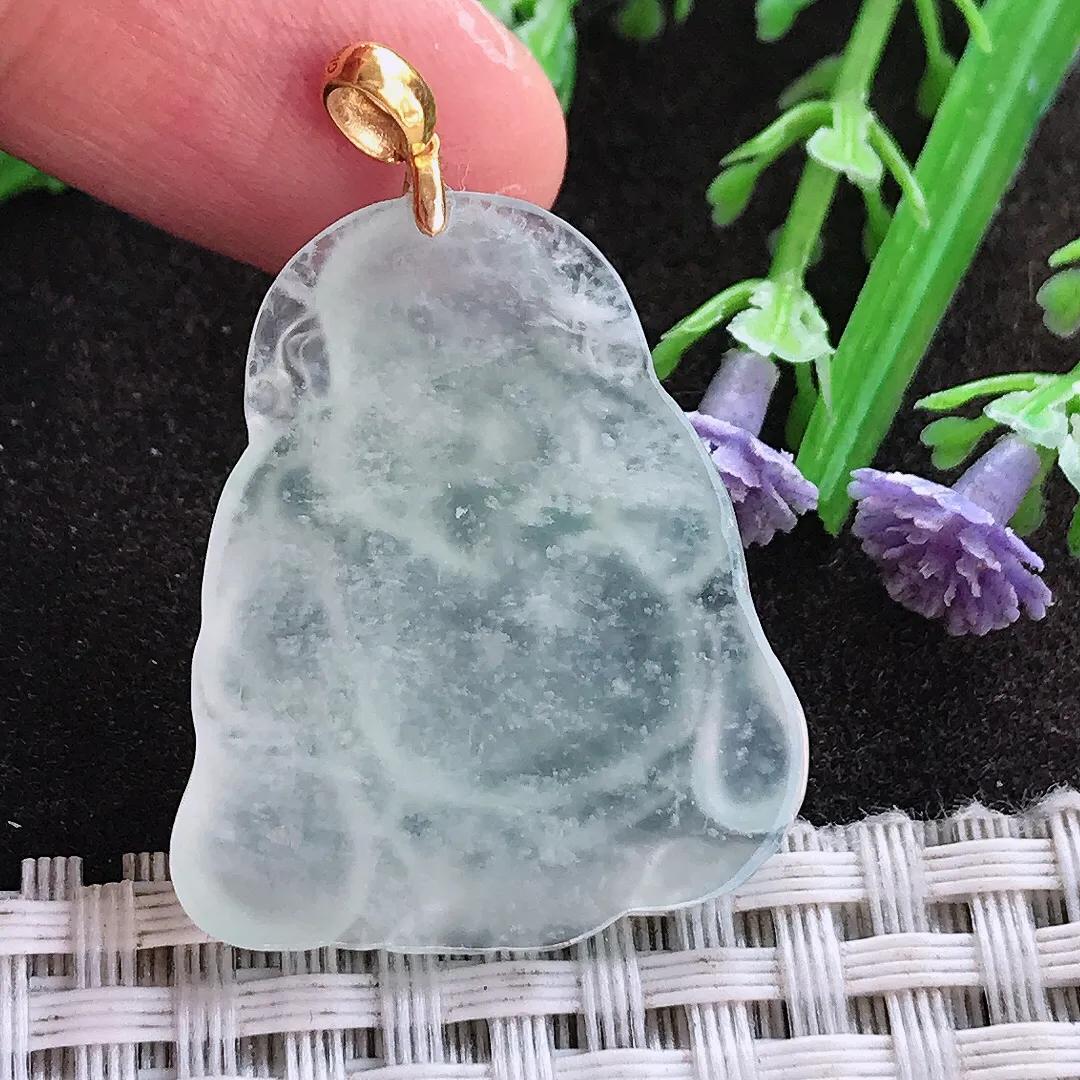 实拍A货翡翠31/26.8/4.5老坑18k金镶嵌雪花棉冰种财神爷吊坠翡翠挂件