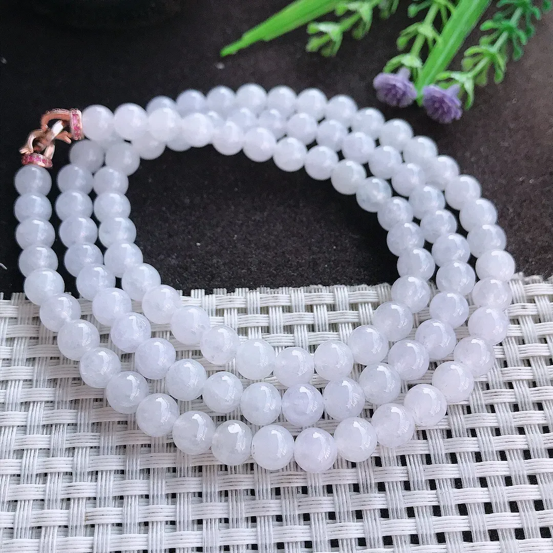 实拍A货翡翠7/98颗老坑秀气冰润月光白圆珠项链玉珠链女款