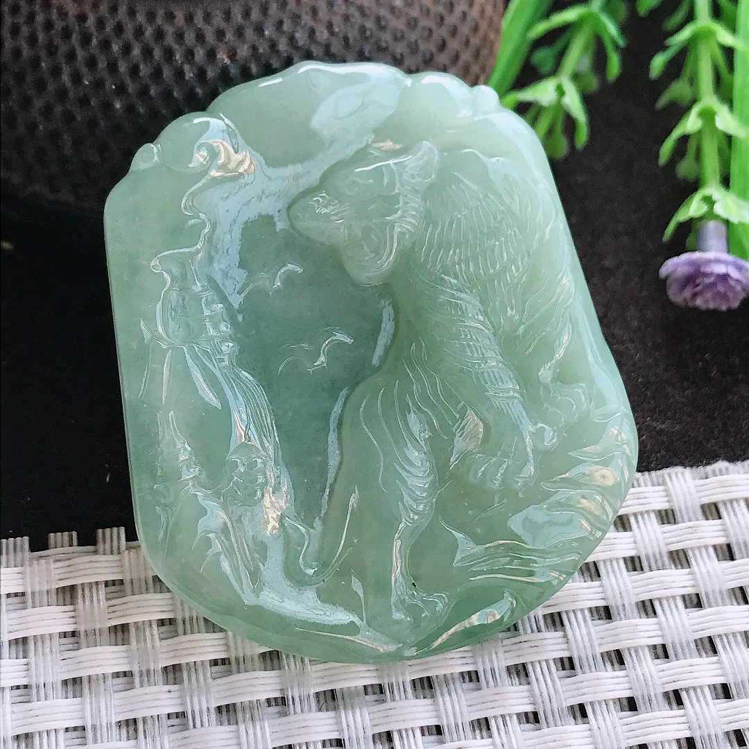 实拍A货翡翠51.2/43.6/5.5老坑冰胶水灵冰晴绿上山虎虎牌吊坠翡翠挂件