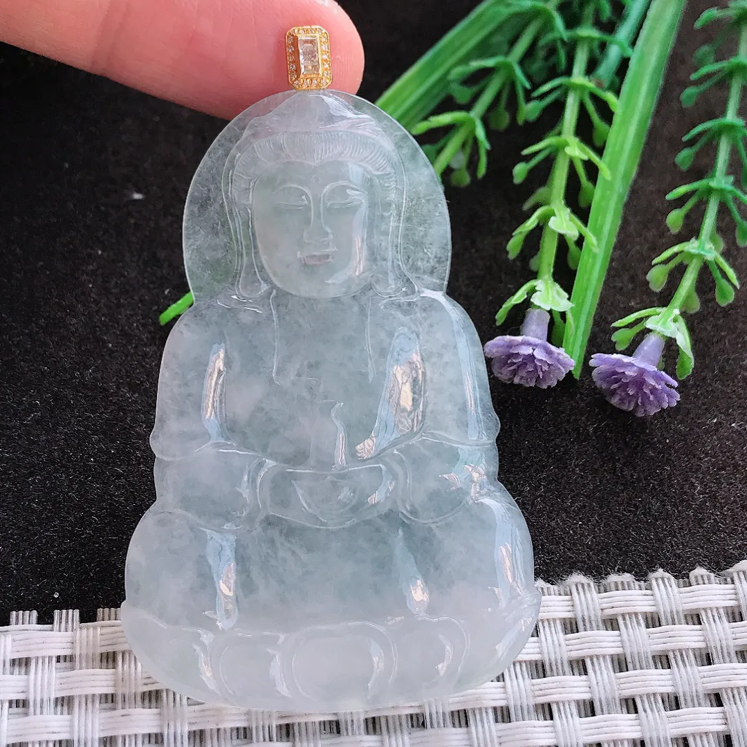 实拍A货翡翠59.5/39.8/4.2老坑18k金镶嵌白冰种观音吊坠翡翠挂件