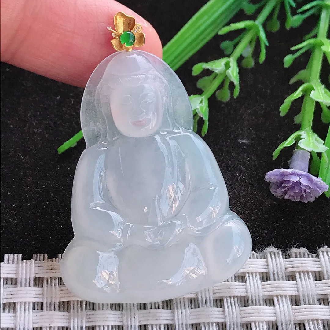 实拍A货翡翠40/31.6/4.6老坑18k金镶嵌冰胶月光白素衣观音吊坠翡翠挂件