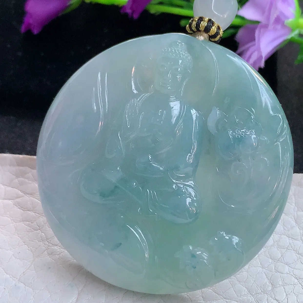 yl实拍52.6*9.3缅甸翡翠精雕蓝紫阿弥陀佛吊坠 如来佛祖生肖守护神，花开见佛