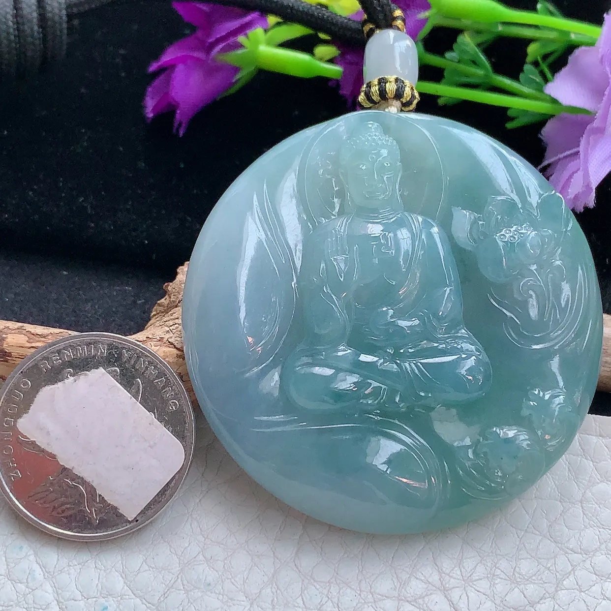 yl实拍52.6*9.3缅甸翡翠精雕蓝紫阿弥陀佛吊坠 如来佛祖生肖守护神，花开见佛