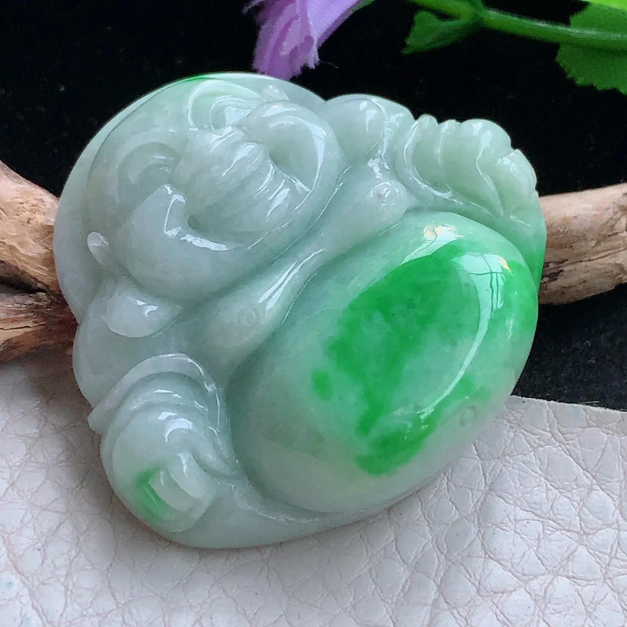 zen实拍41.2*46*12.5天然缅甸翡翠白底青飘阳绿佛公吊坠 大肚弥勒佛像