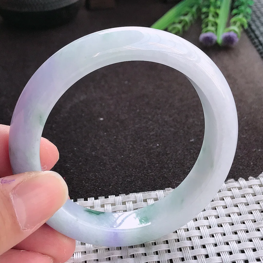 实拍翡翠A货57.5/12.5/9.2老坑精美冰润紫罗兰飘花手镯翡翠玉镯女款百搭
