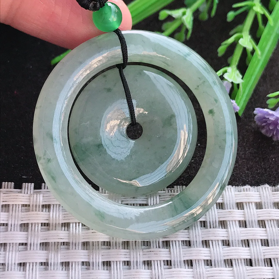 实拍A货翡翠43.7/4.8老坑冰润起胶飘花母子扣吊坠翡翠平安扣挂件