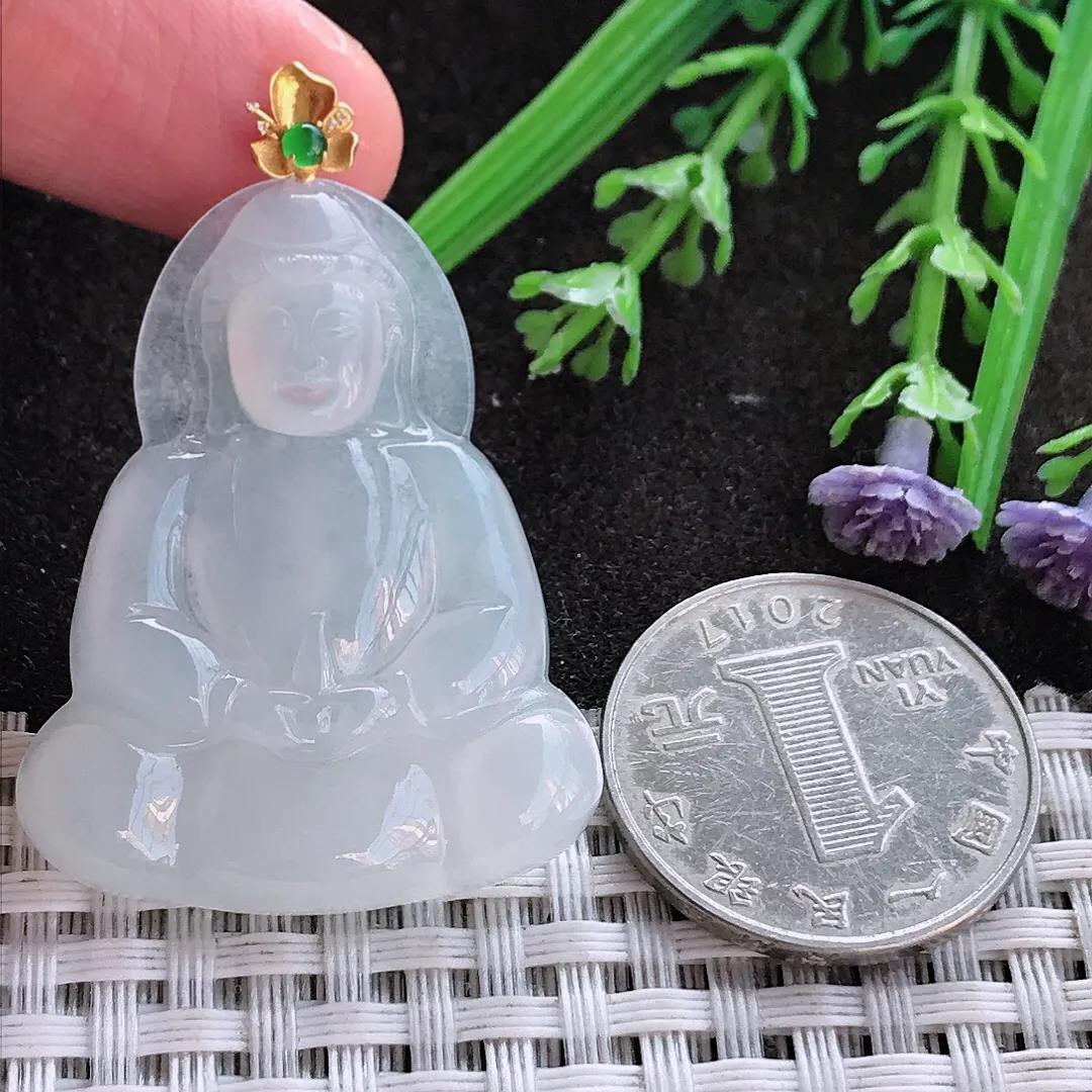 实拍A货翡翠40/31.6/4.6老坑18k金镶嵌冰胶月光白素衣观音吊坠翡翠挂件