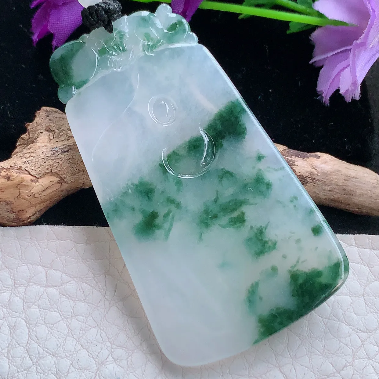 yl实拍63.5*36*5.2缅甸翡翠精雕冰飘花普贤观音菩萨吊坠 生肖守护神