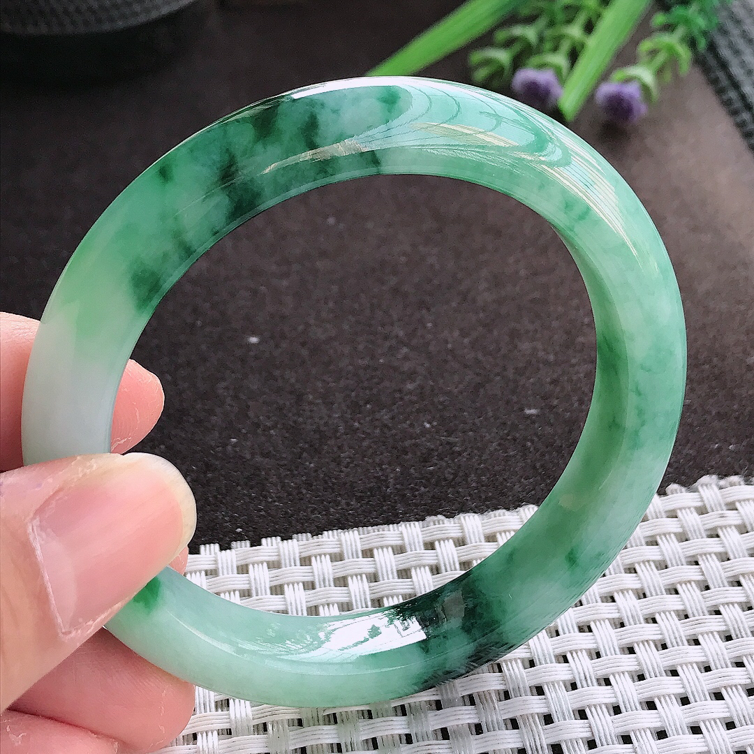 实拍翡翠A货56.5/11.7/8.7老坑冰胶水灵冰飘花手镯宽边翡翠玉镯女款百搭