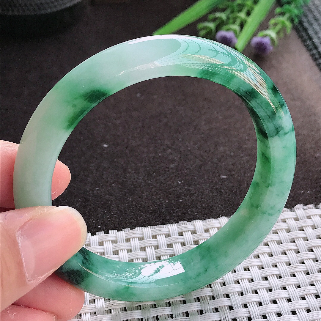 实拍翡翠A货56.5/11.7/8.7老坑冰胶水灵冰飘花手镯宽边翡翠玉镯女款百搭