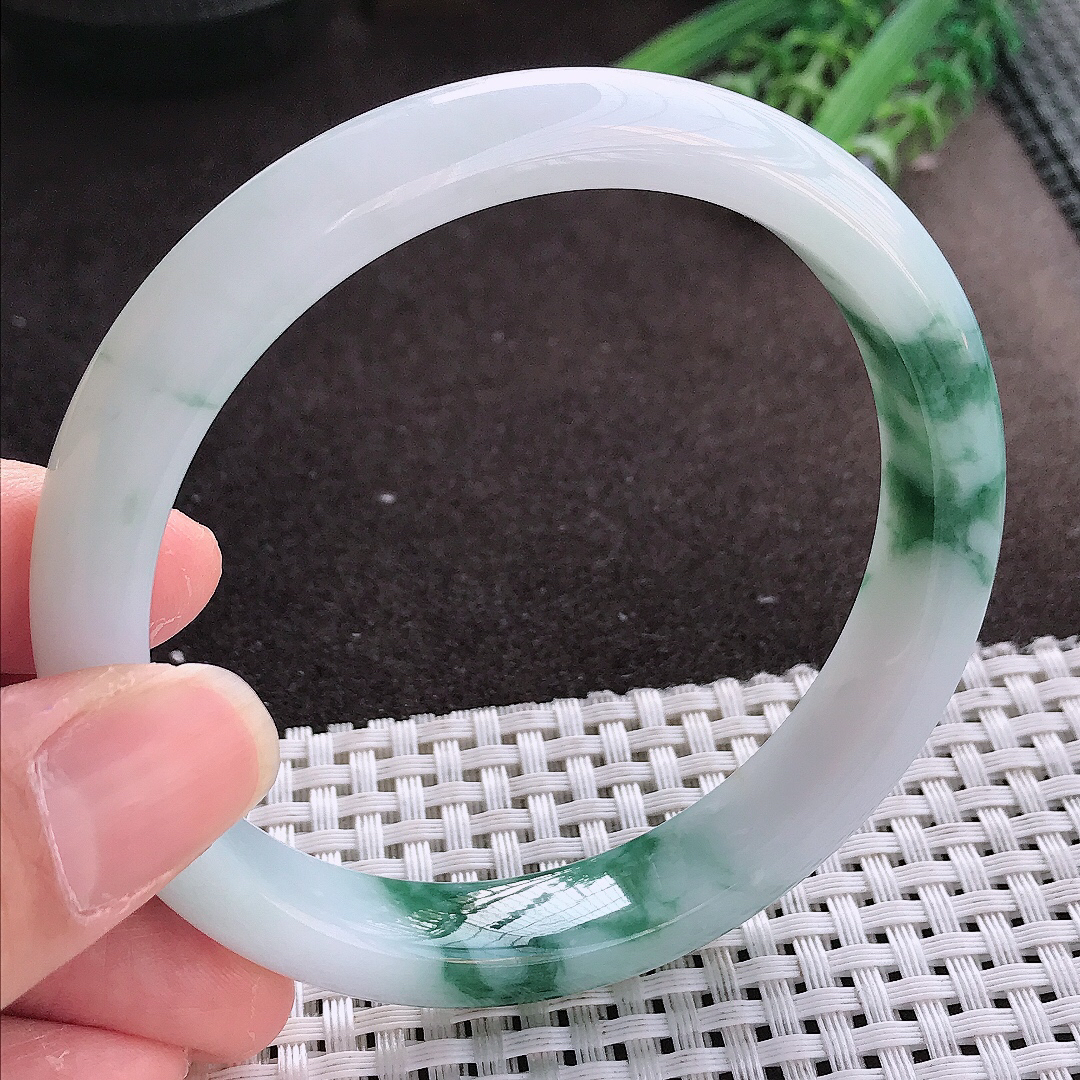 实拍翡翠A货63/11.8/8.2大圈口老坑冰润起胶飘花手镯宽边翡翠玉镯女款百搭