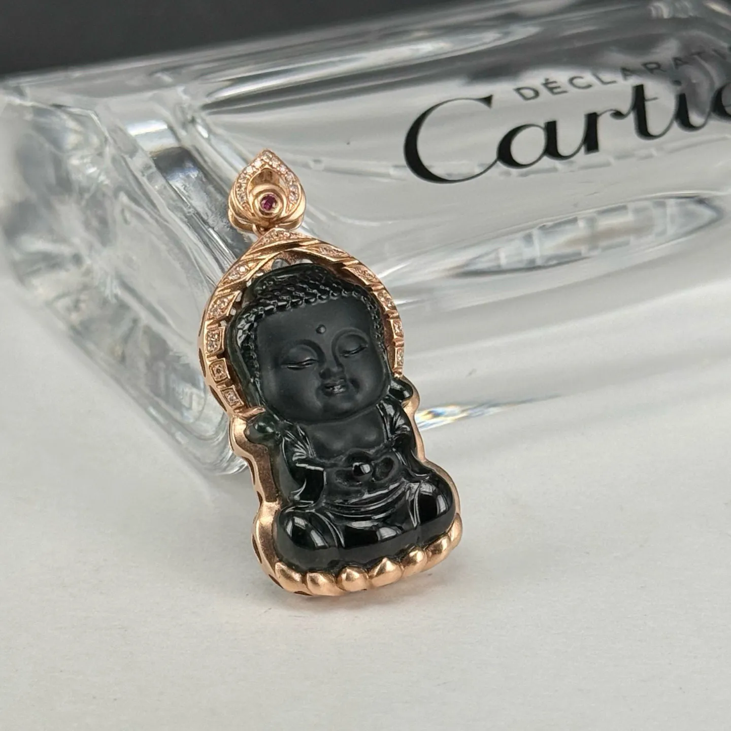 精品18k墨翠宝宝佛吊坠 种好色正 黑度极好 打灯通透 油性十足 尺寸35.9