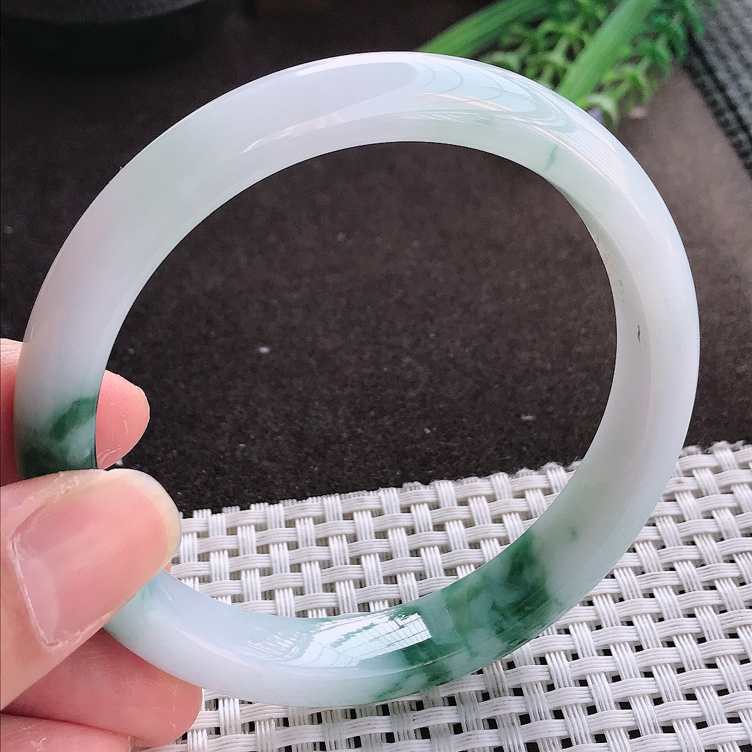 实拍翡翠A货63/11.8/8.2大圈口老坑冰润起胶飘花手镯宽边翡翠玉镯女款百搭