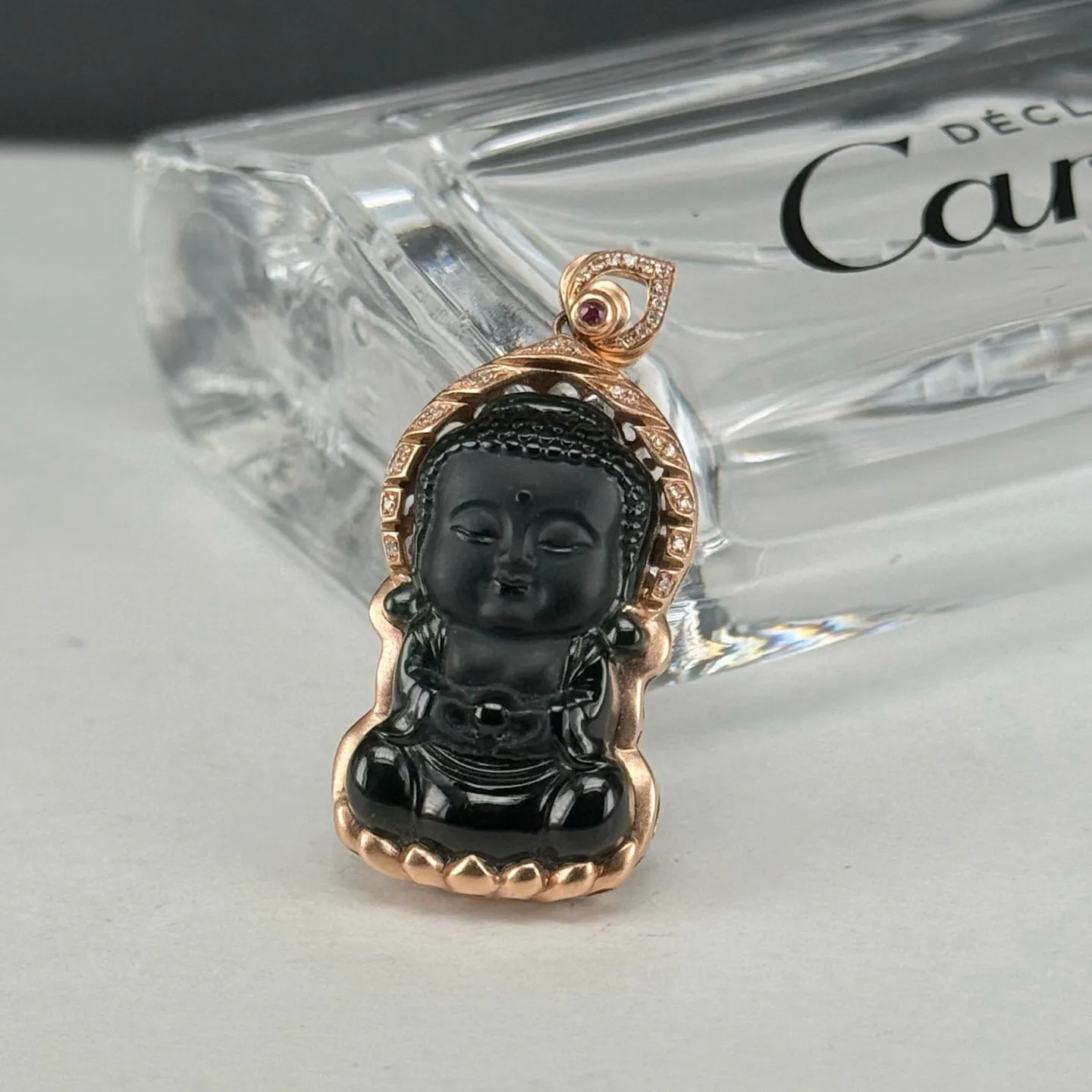 精品18k墨翠宝宝佛吊坠 种好色正 黑度极好 打灯通透 油性十足 尺寸35.9