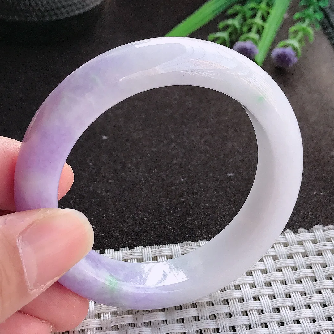 实拍翡翠A货51.5/13.1/9老坑冰润特色紫罗兰手镯宽边翡翠玉镯女款百搭