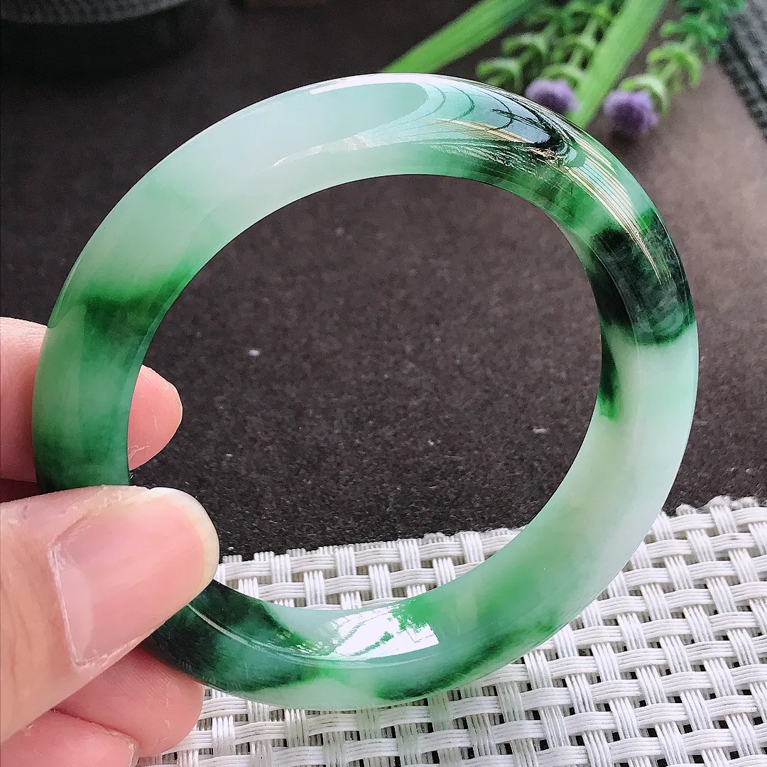 实拍翡翠A货54.5/12/8.8老坑冰胶水灵飘绿飘花手镯宽边翡翠玉镯女款百搭
