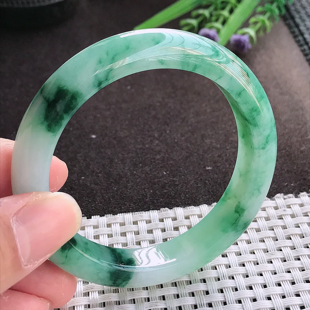 实拍翡翠A货54.8/11.8/8.6老坑精美冰胶冰飘花手镯宽边翡翠玉镯女款百搭