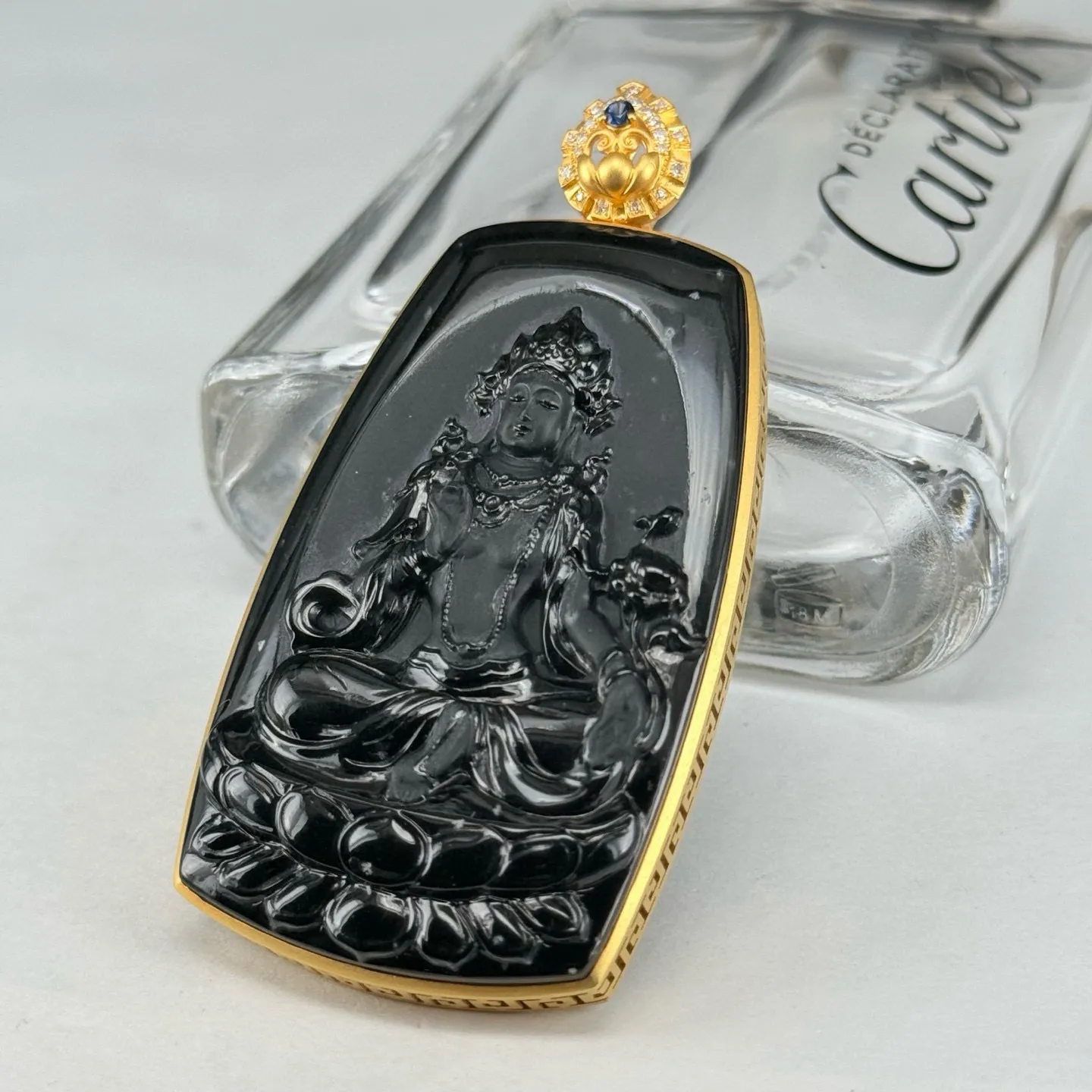 精品18k墨翠度母观音 种好色正 黑度极好 打灯通透 油性十足 尺寸65.9