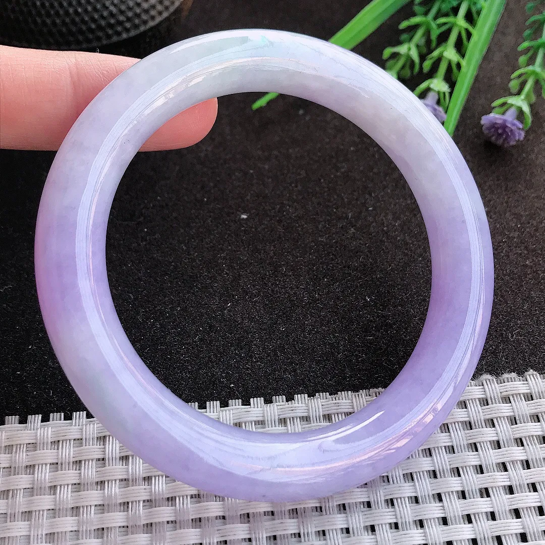 实拍翡翠A货60/10.8/10.9大圈口老坑精美冰润浓艳紫罗兰圆条手镯翡翠玉镯