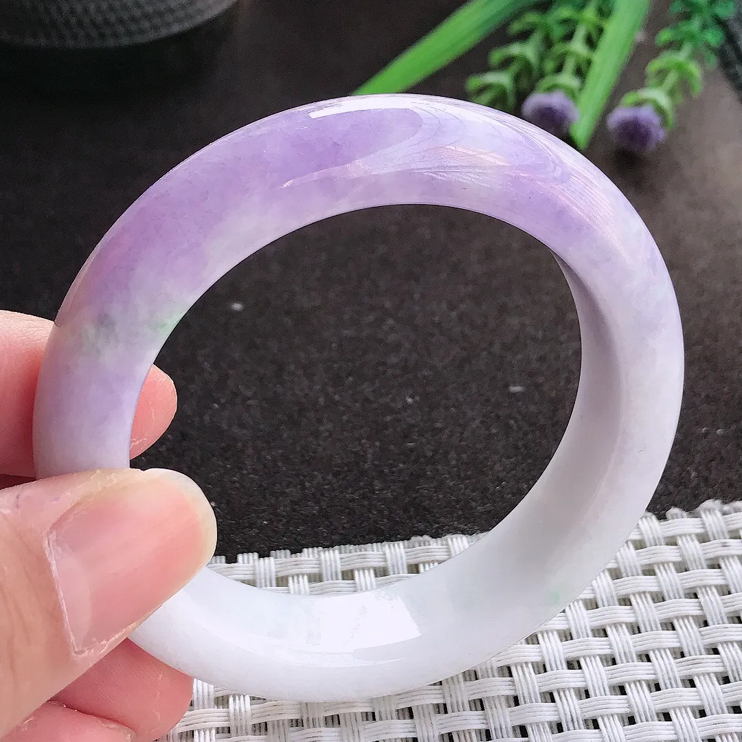 实拍翡翠A货51.5/13.1/9老坑冰润特色紫罗兰手镯宽边翡翠玉镯女款百搭