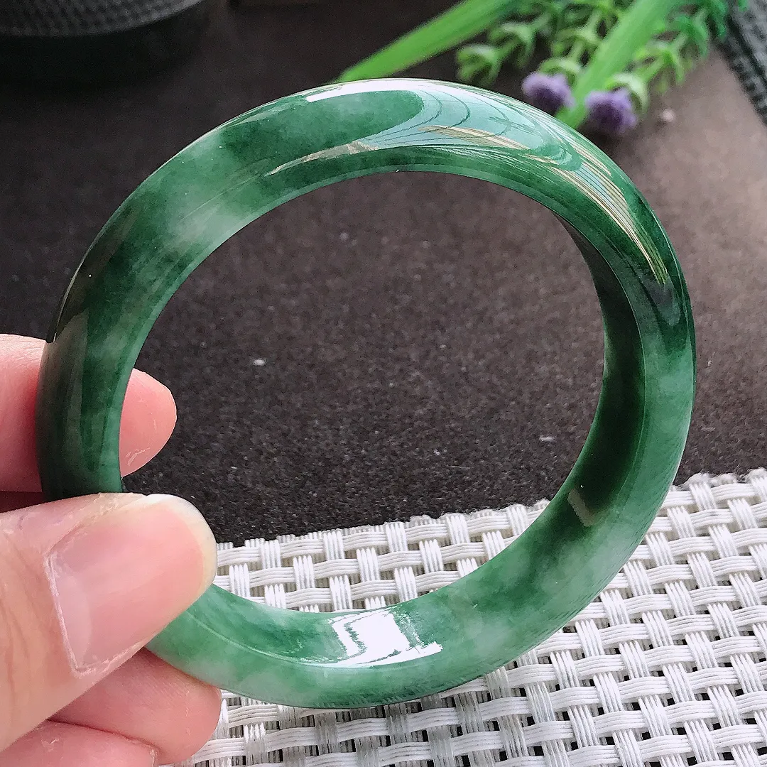 实拍翡翠A货56.5/12.8/7.9老坑精美特色飘花手镯宽边翡翠玉镯女款百搭