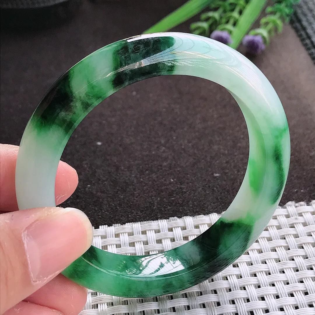 实拍翡翠A货54.5/12/8.8老坑冰胶水灵飘绿飘花手镯宽边翡翠玉镯女款百搭