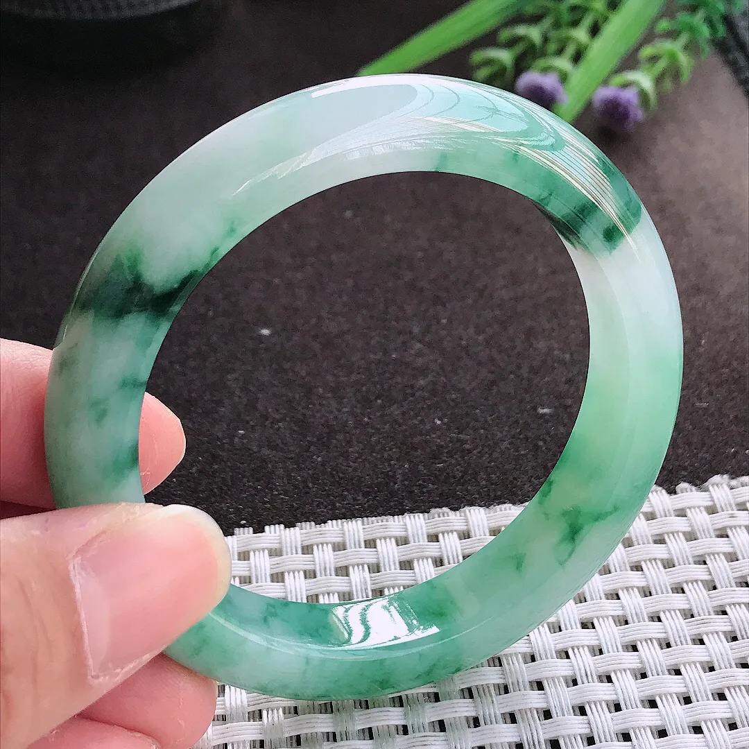 实拍翡翠A货54.8/11.8/8.6老坑精美冰胶冰飘花手镯宽边翡翠玉镯女款百搭