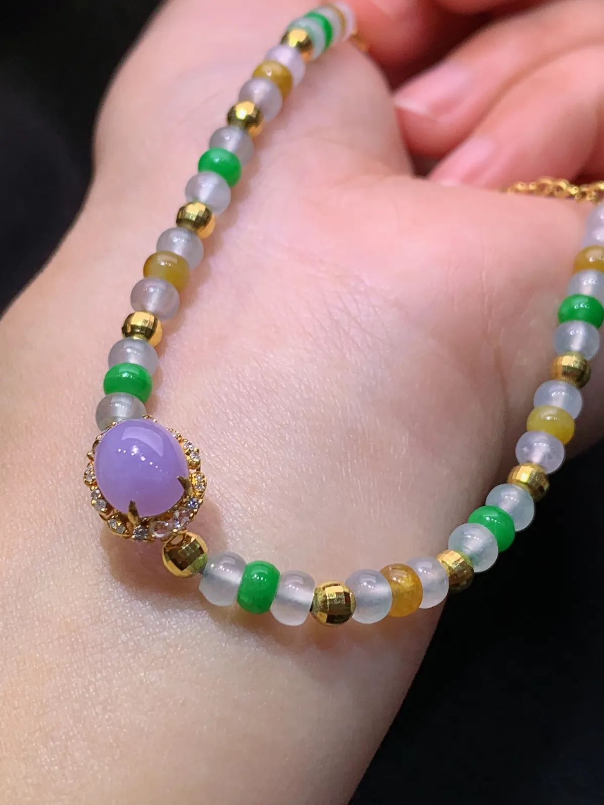 冰种多彩算盘珠手链，18k金配饰，冰润鲜艳，种水足，Fj 尺寸11.9*9.8*7.4