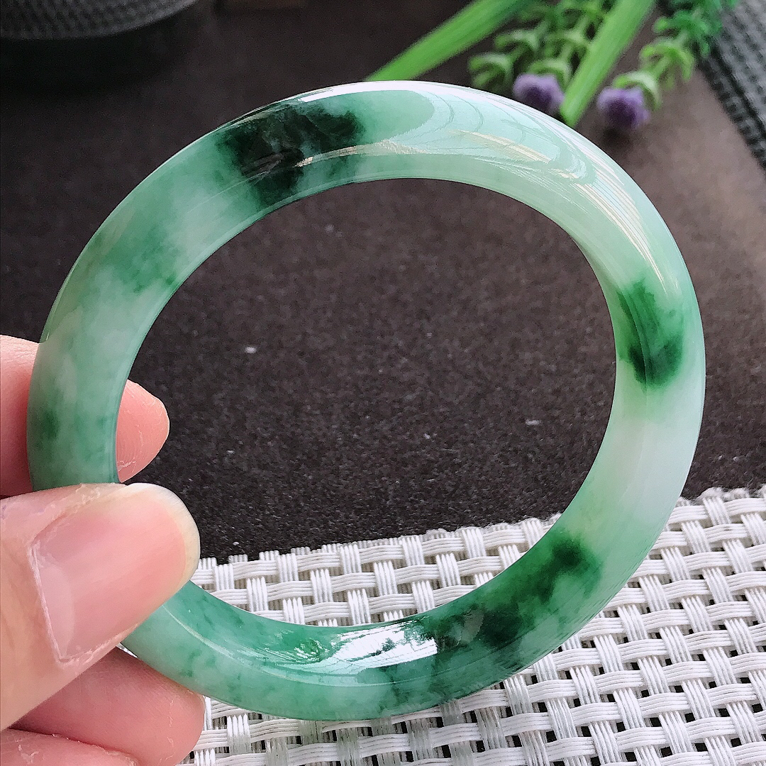 实拍翡翠A货56.5/11.7/8.7老坑冰胶水灵冰飘花手镯宽边翡翠玉镯女款百搭