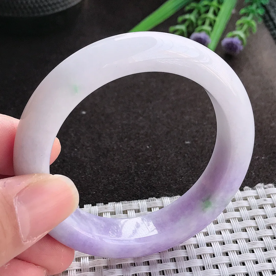 实拍翡翠A货51.5/13.1/9老坑冰润特色紫罗兰手镯宽边翡翠玉镯女款百搭
