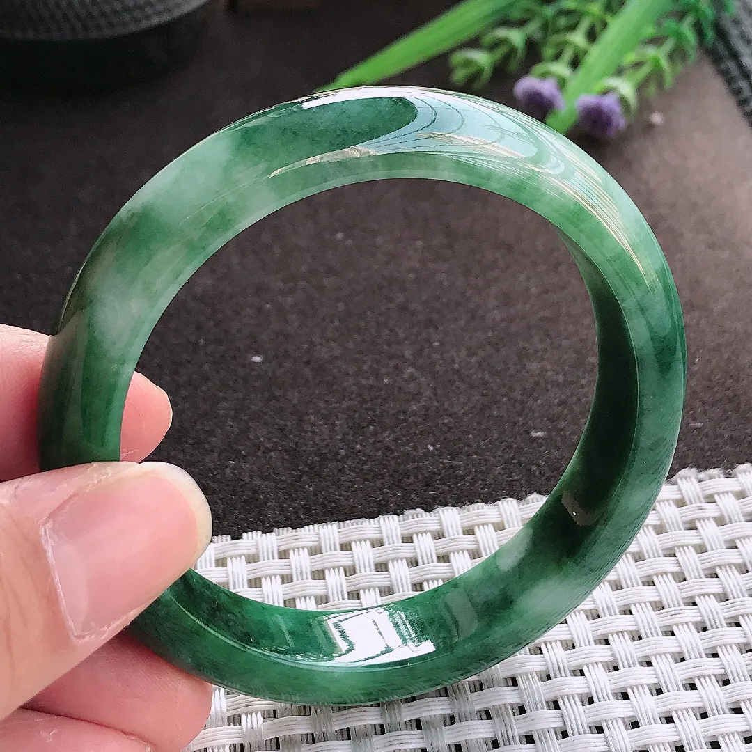 实拍翡翠A货56.5/12.8/7.9老坑精美特色飘花手镯宽边翡翠玉镯女款百搭