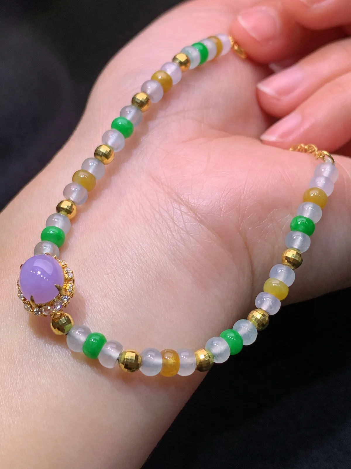 冰种多彩算盘珠手链，18k金配饰，冰润鲜艳，种水足，Fj 尺寸11.9*9.8*7.4