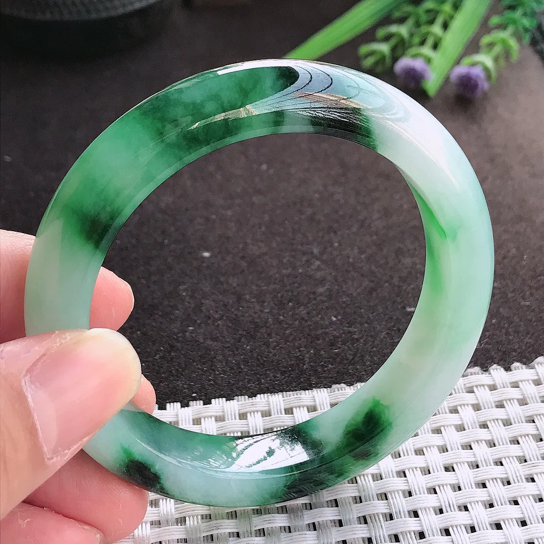 实拍翡翠A货54.5/12/8.8老坑冰胶水灵飘绿飘花手镯宽边翡翠玉镯女款百搭