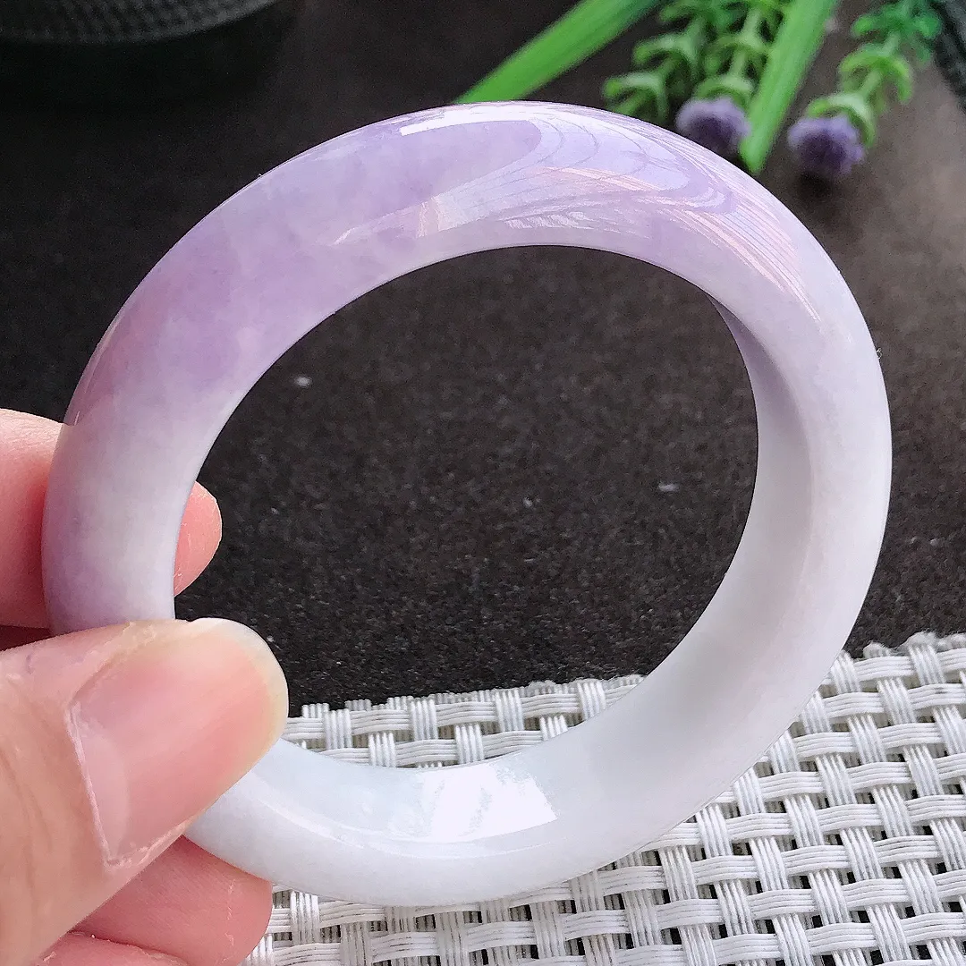 实拍翡翠A货51.5/13.1/9老坑冰润特色紫罗兰手镯宽边翡翠玉镯女款百搭