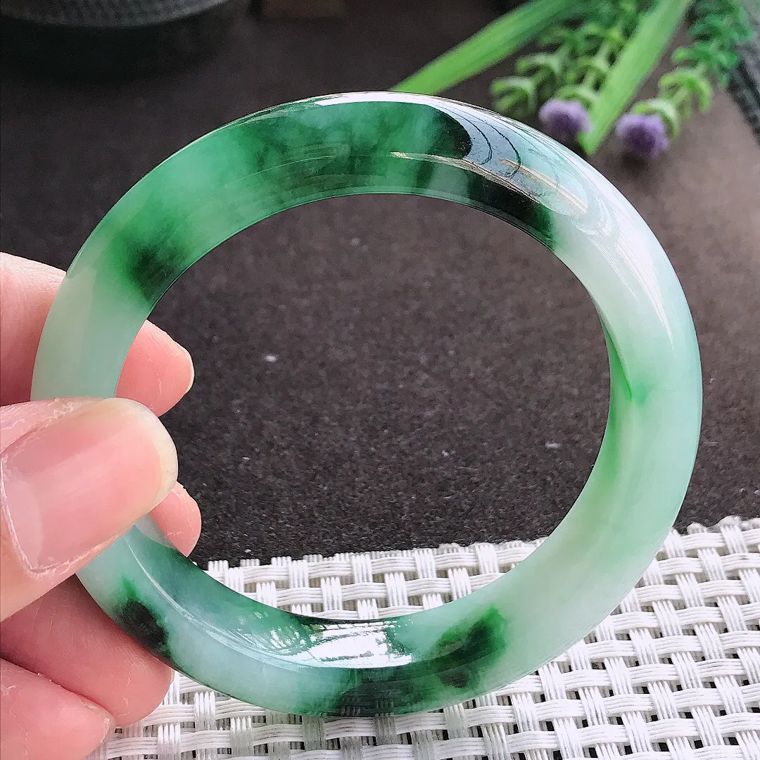 实拍翡翠A货54.5/12/8.8老坑冰胶水灵飘绿飘花手镯宽边翡翠玉镯女款百搭