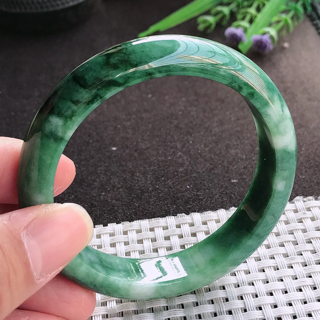 实拍翡翠A货56.5/12.8/7.9老坑精美特色飘花手镯宽边翡翠玉镯女款百搭