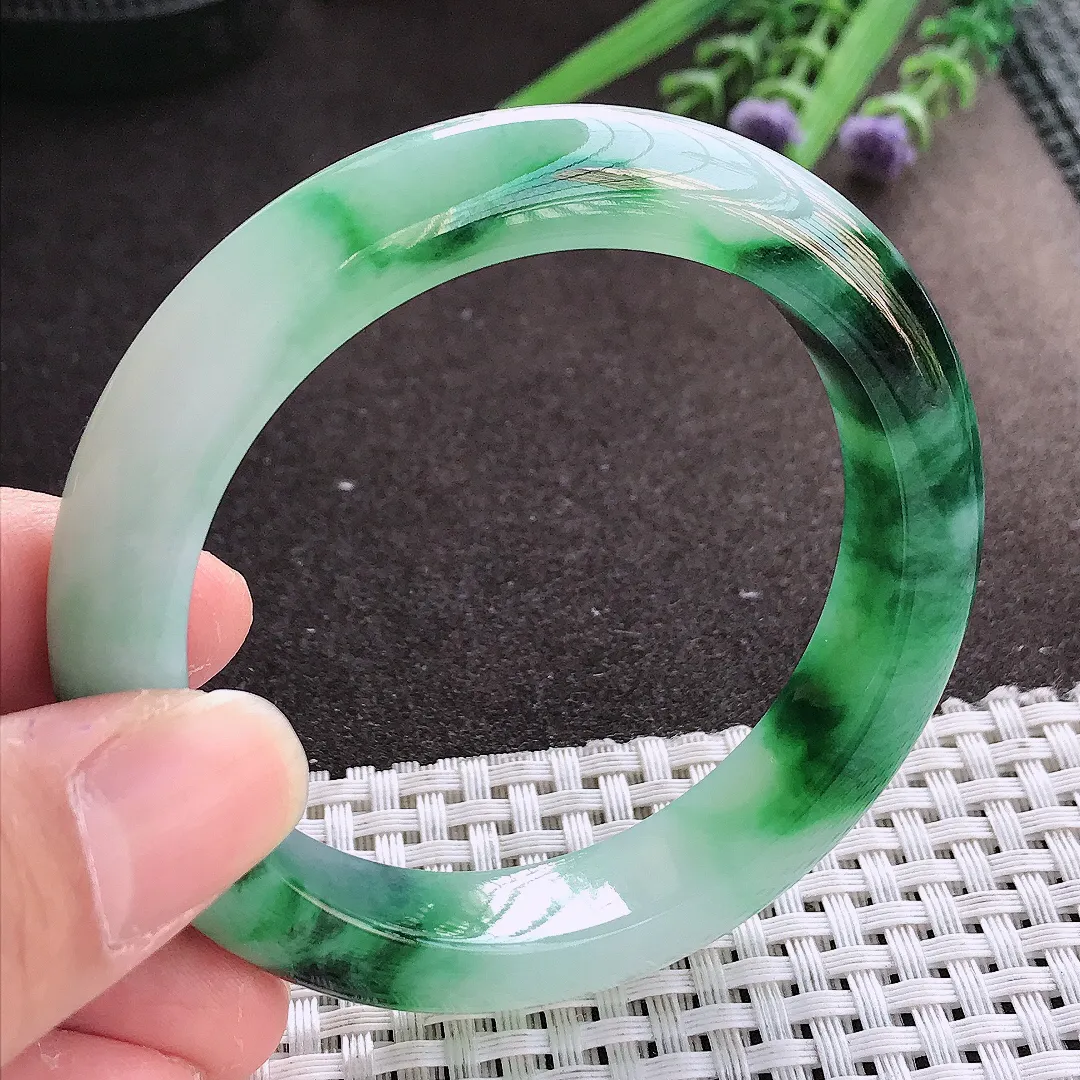实拍翡翠A货54.5/12/8.8老坑冰胶水灵飘绿飘花手镯宽边翡翠玉镯女款百搭